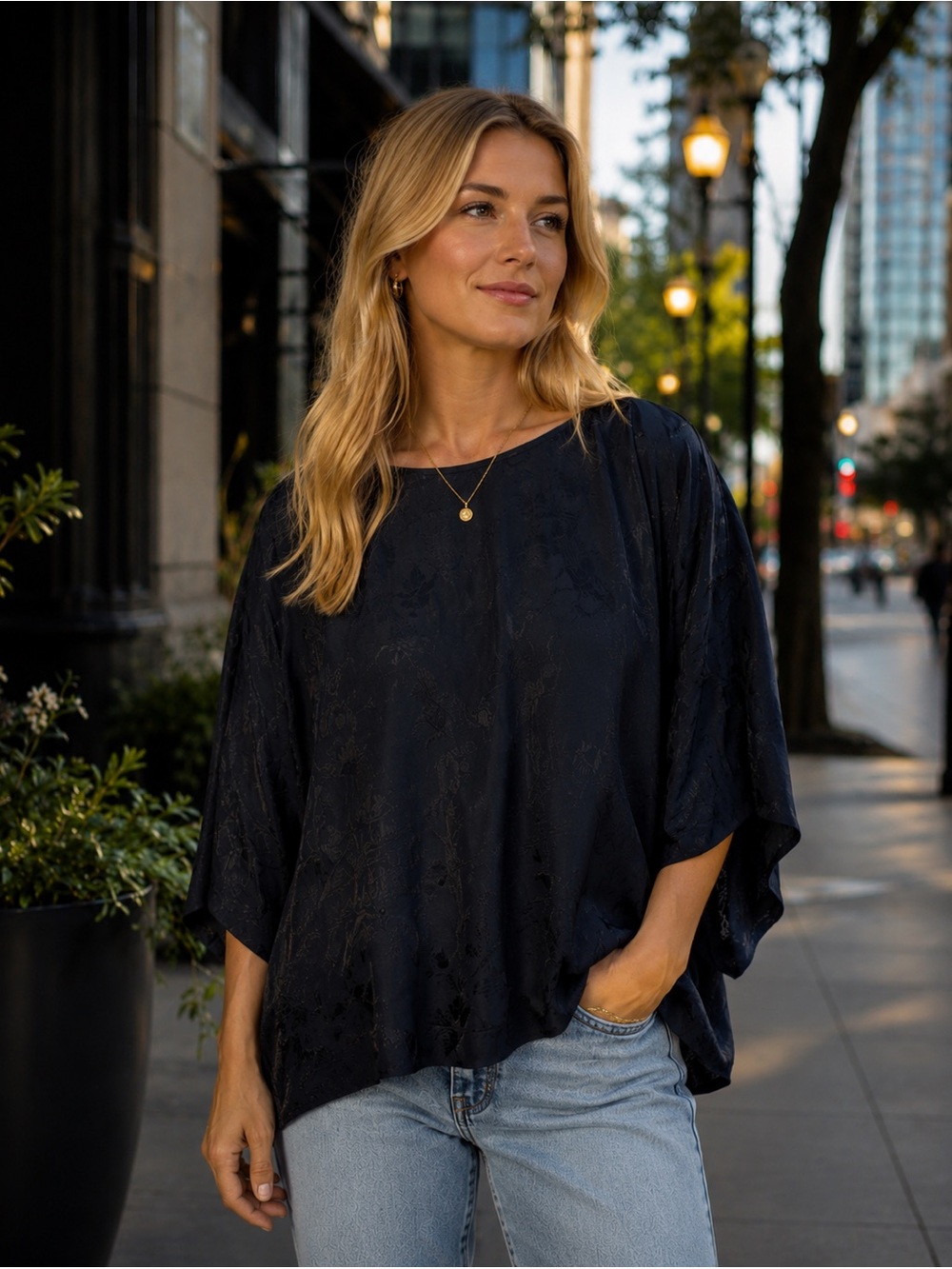 Chico's Navy Textured Satin Blouse